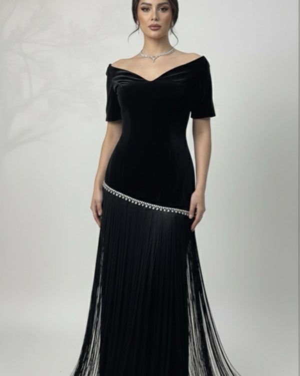 Black Off-Shoulder Fringe Evening Gown – Crystal Waist Detail